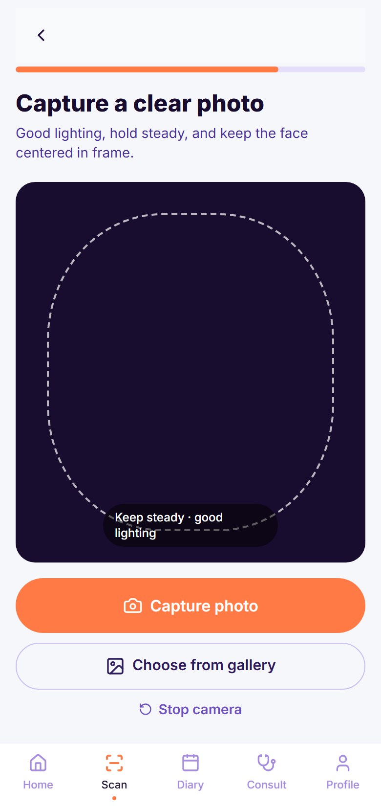 DermaShopey guided photo capture screen